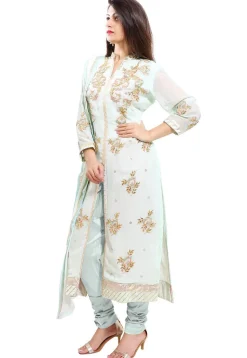 Embroidered Georgette Straight Cut Suit in Light Sea Green