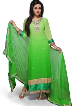 Embroidered Georgette Straight Suit in Shaded Green