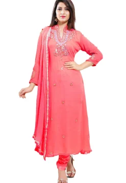 Embroidered Georgette Straight Suit in Dual Tone Pink
