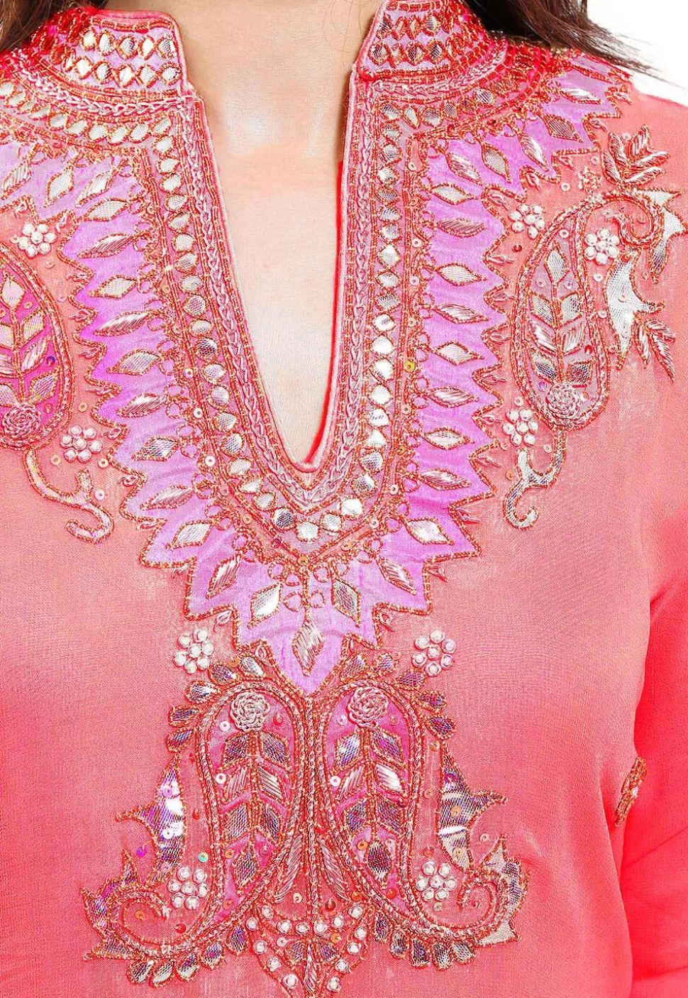 Embroidered Georgette Straight Suit in Dual Tone Pink