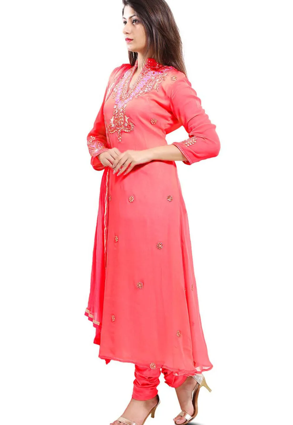 Embroidered Georgette Straight Suit in Dual Tone Pink