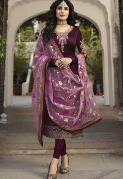Embroidered Georgette Straight Suit in Wine
