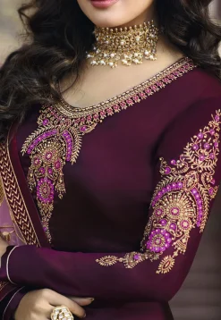 Embroidered Georgette Straight Suit in Wine