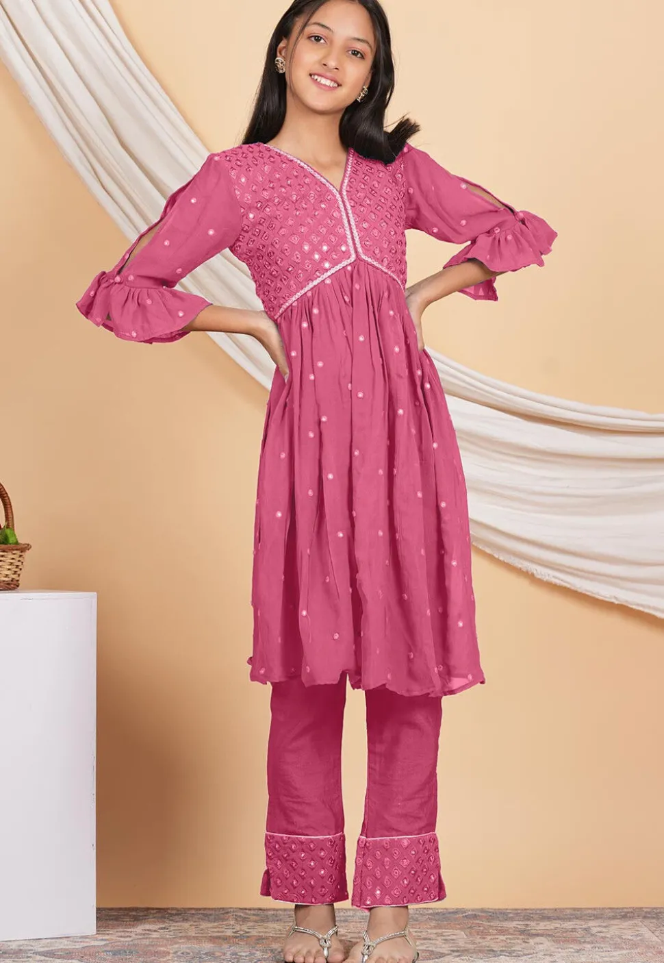 Embroidered Georgette Straight Kurta Set in Pink