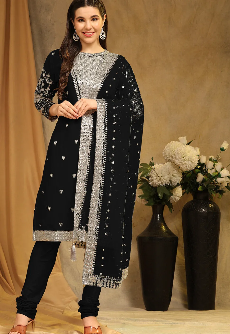 Embroidered Georgette Straight Suit in Black