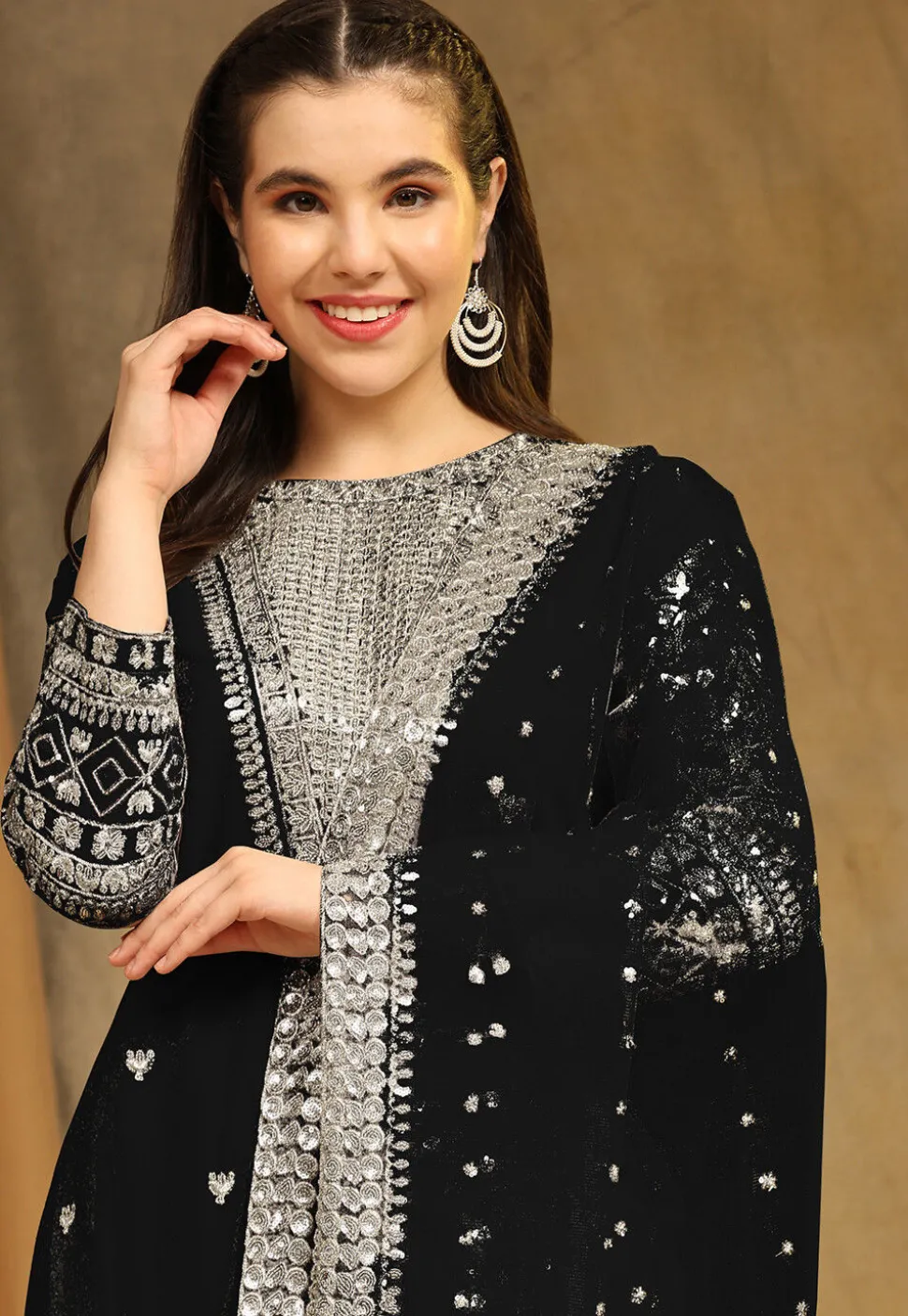 Embroidered Georgette Straight Suit in Black