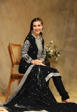 Embroidered Georgette Straight Suit in Black