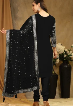 Embroidered Georgette Straight Suit in Black