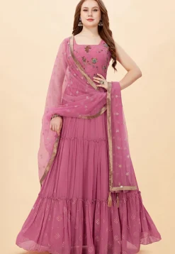 Embroidered Georgette Tiered Abaya Style Suit in Pink