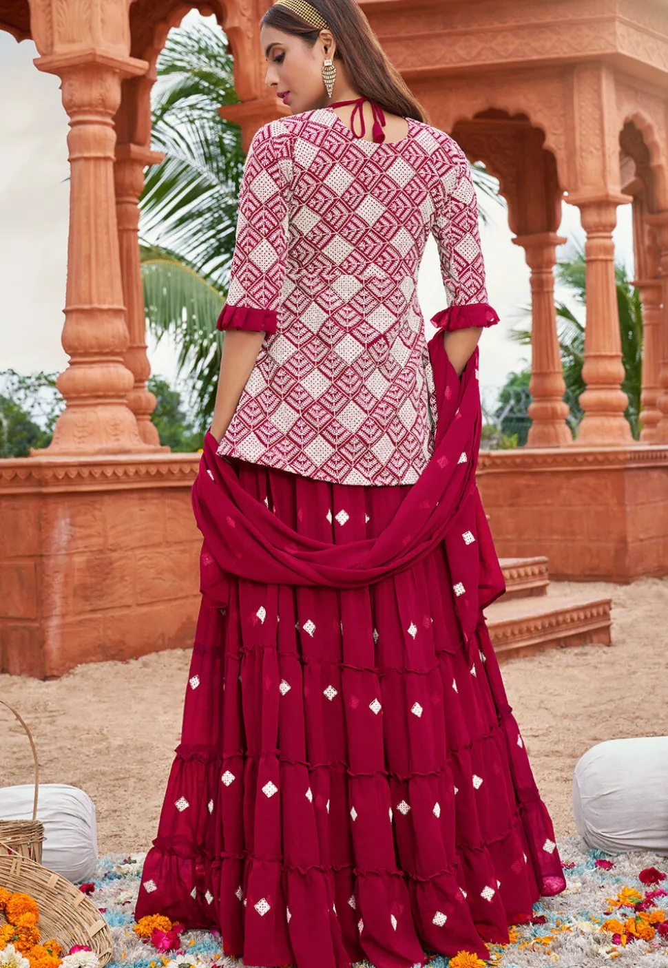 Embroidered Georgette Tiered Lehenga in Pink
