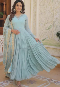 Embroidered Georgette Tiered Abaya Style Suit in Sky Blue