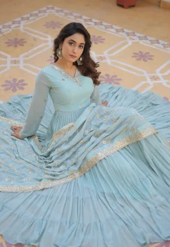 Embroidered Georgette Tiered Abaya Style Suit in Sky Blue