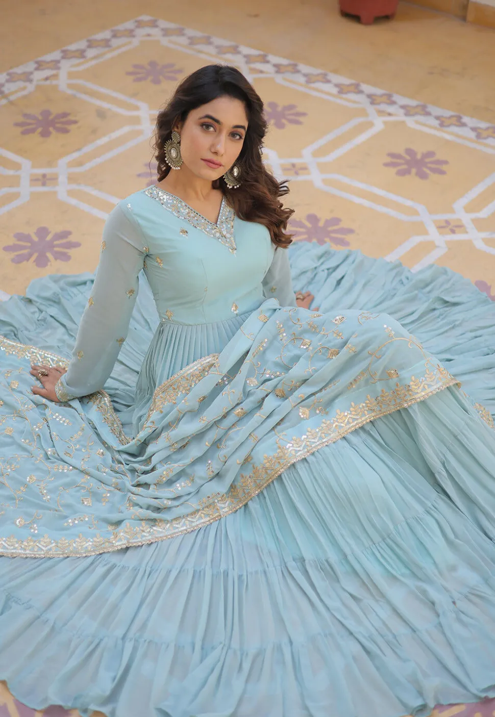 Embroidered Georgette Tiered Abaya Style Suit in Sky Blue