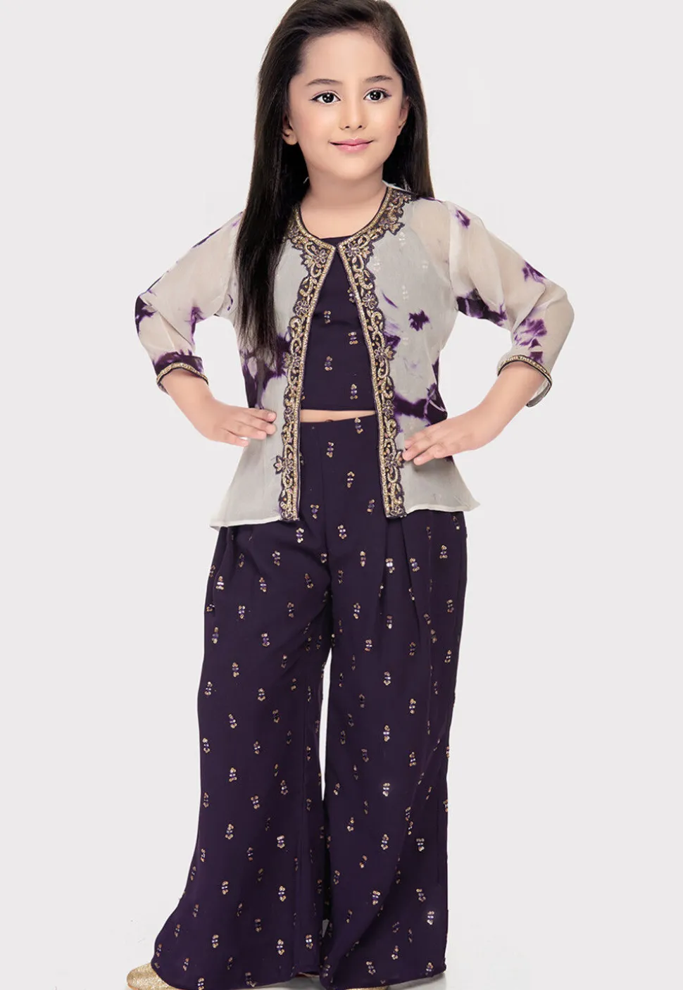 Embroidered Georgette Top Set in Wine