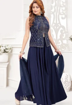 Embroidered Georgette Top Set in Navy Blue