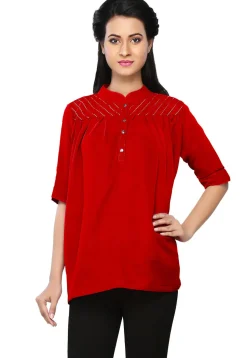 Embroidered Georgette Top in Red