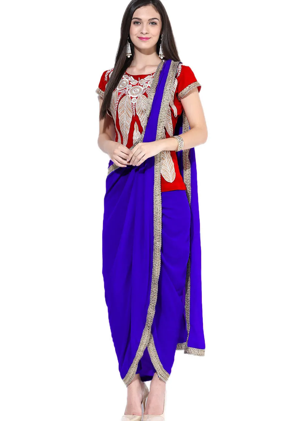 Embroidered Georgette Top With Dhoti Pant In Red and Blue