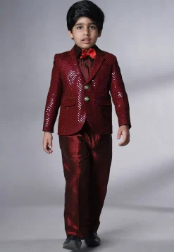 Embroidered Georgette Tuxedo in Maroon