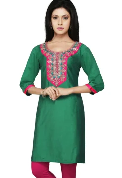 Embroidered Gotapatti Silk Kurti In Green