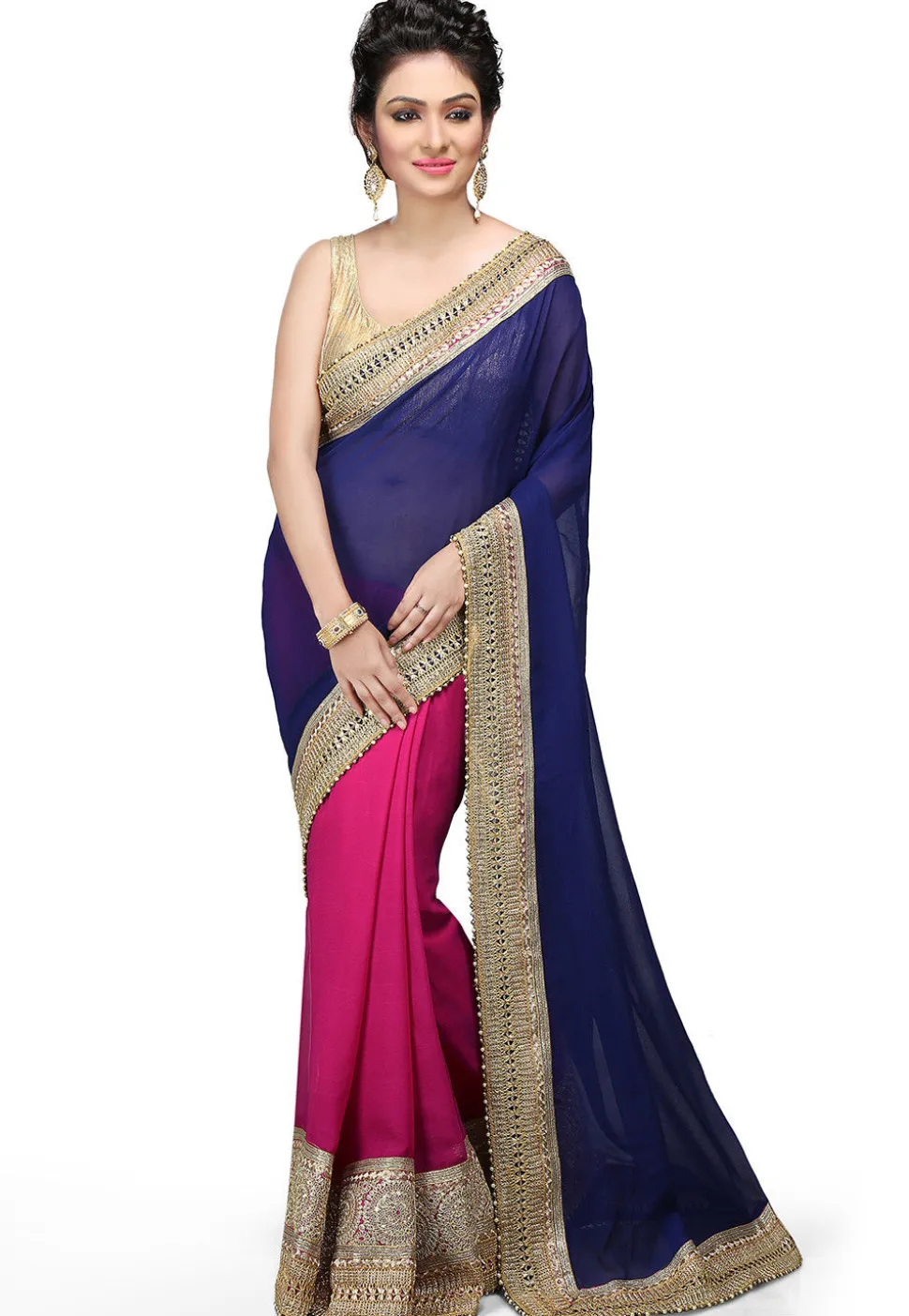 Embroidered Half N Half Georgette Saree in Navy Blue and Fuchsia