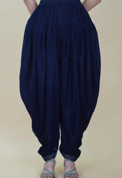 Embroidered Hem Velvet Patiala in Navy Blue