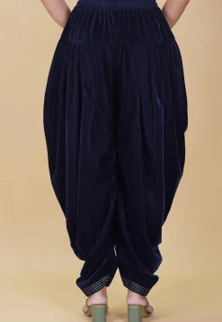 Embroidered Hem Velvet Patiala in Navy Blue