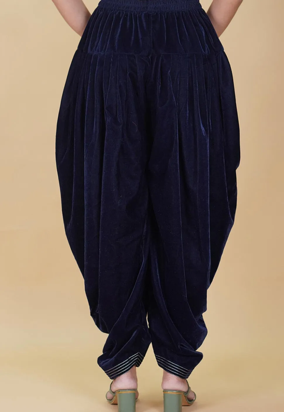 Embroidered Hem Velvet Patiala in Navy Blue
