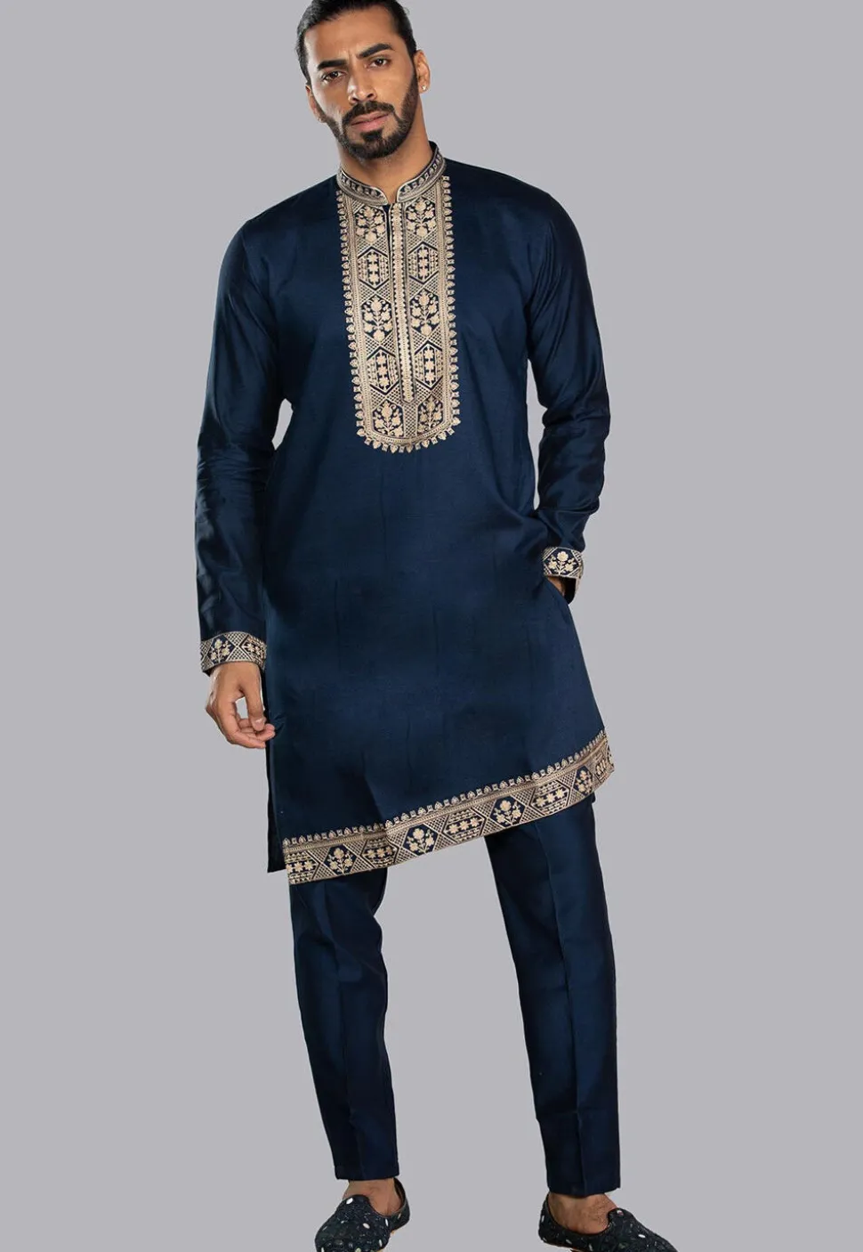 Embroidered Imported Cotton Silk Kurta Set in Navy Blue
