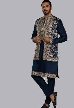 Embroidered Imported Cotton Silk Kurta Set in Navy Blue
