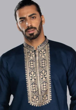 Embroidered Imported Cotton Silk Kurta Set in Navy Blue
