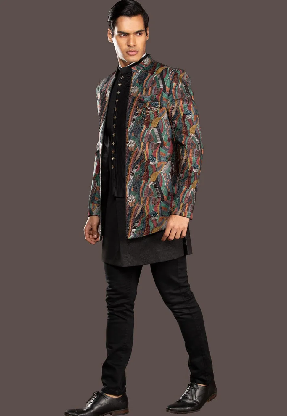 Embroidered Imported Terry Rayon Sherwani in Black