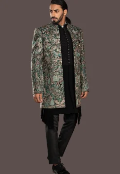 Embroidered Imported Terry Rayon Sherwani in Black