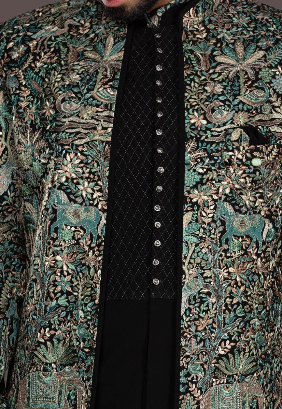 Embroidered Imported Terry Rayon Sherwani in Black