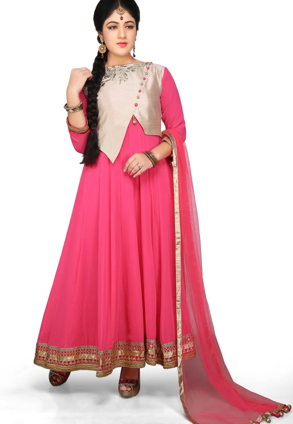 Embroidered Jacket Style Abaya Georgette Suit in Pink