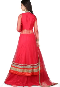 Embroidered Jacket Style Net Lehenga in Red