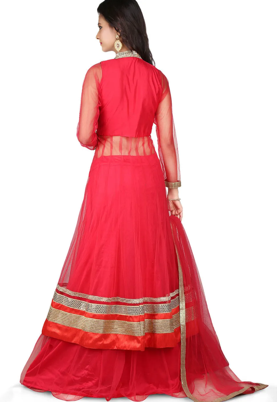 Embroidered Jacket Style Net Lehenga in Red