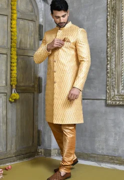 Embroidered Jute Cotton Sherwani in Beige