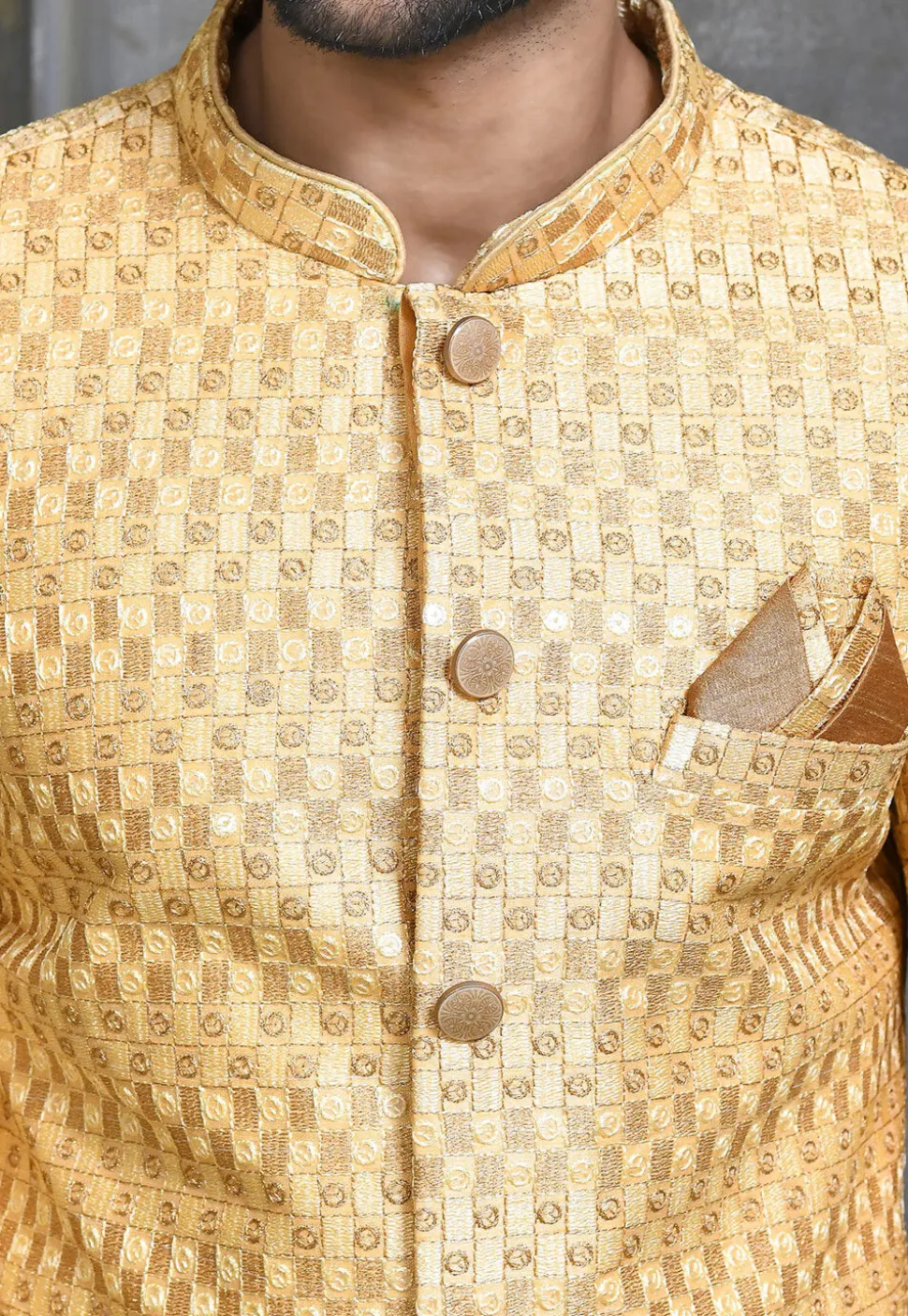 Embroidered Jute Cotton Sherwani in Beige