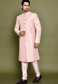 Embroidered Jute Cotton Sherwani in Peach