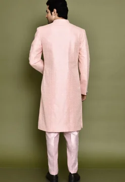Embroidered Jute Cotton Sherwani in Peach