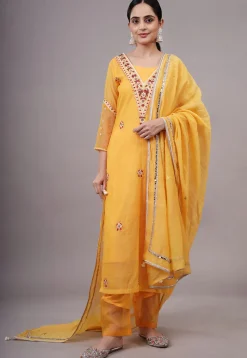 Embroidered Kota Doria Pakistani Suit in Yellow