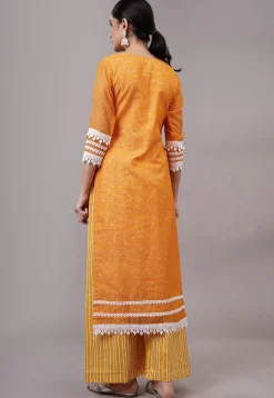 Embroidered Kota Doria Pakistani Suit in Mustard