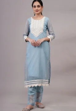 Embroidered Kota Doria Pakistani Suit in Sky Blue