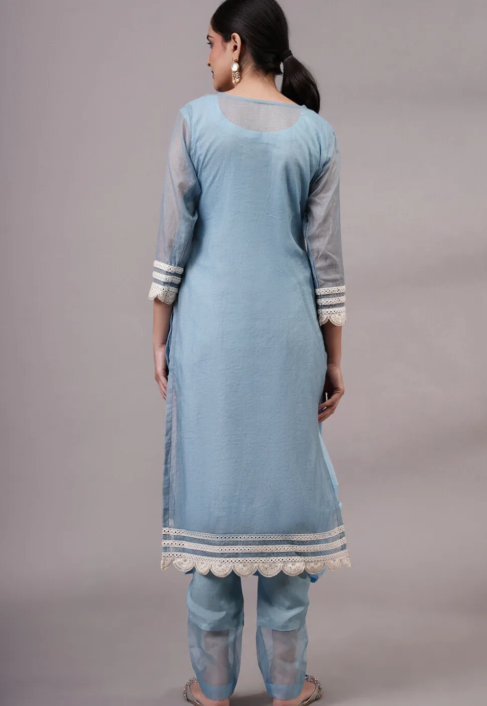 Embroidered Kota Doria Pakistani Suit in Sky Blue