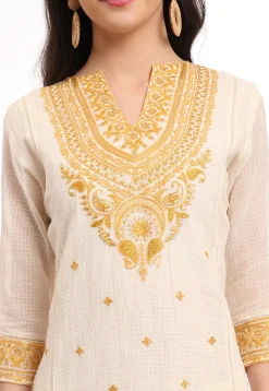 Embroidered Kota Doria Pakistani Suit in Cream