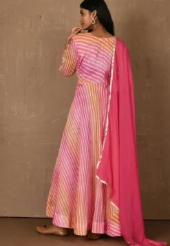 Embroidered Kota Silk Abaya Style Suit in Multicolor