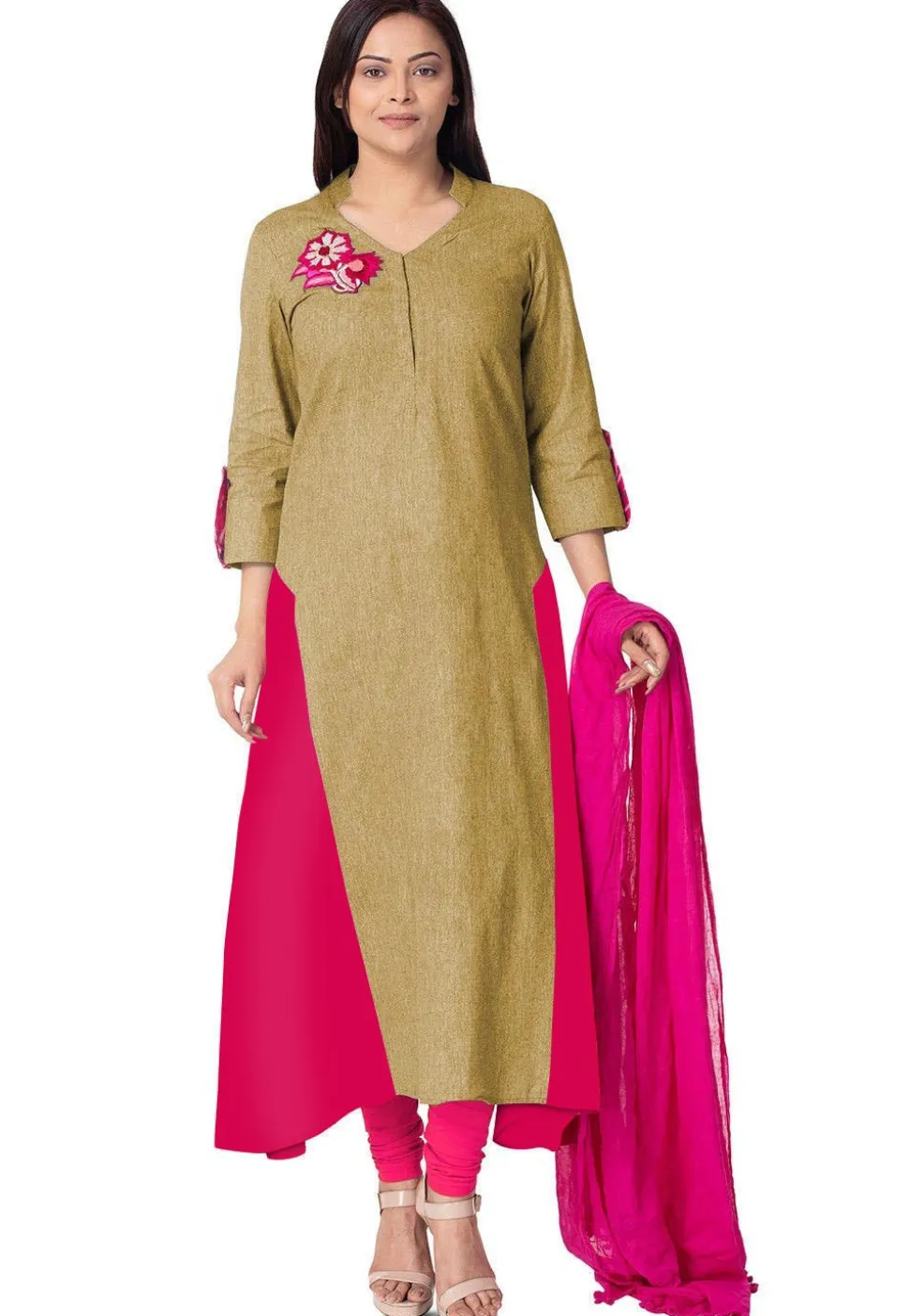 Embroidered Linen Cotton a Line Suit in Beige