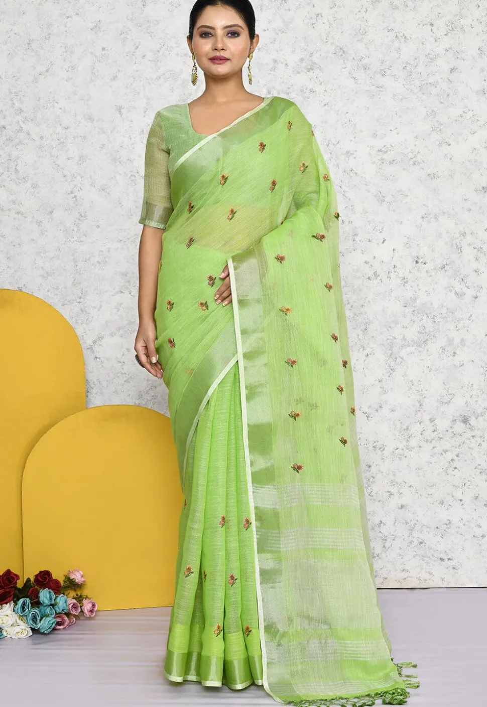 Embroidered Linen Saree in Light Green