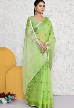 Embroidered Linen Saree in Light Green