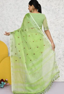 Embroidered Linen Saree in Light Green